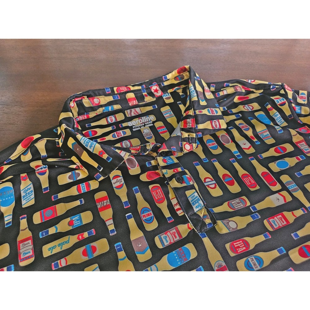 Aeroline Polo Shirt Mens XL Black Beer Bottle Print Performance Short Sleeve